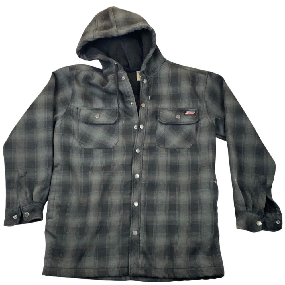 Genuine Dickies Mens Shirt Jacket Medium Hooded Snap Flannel Outdoor Gray Plaid